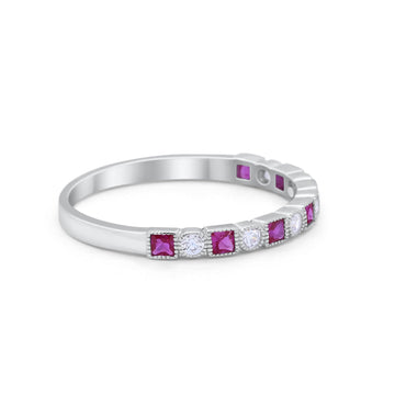 Half Eternity Wedding Ring Round Simulated Ruby CZ 925 Sterling Silver